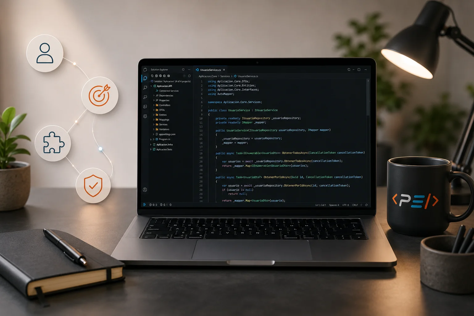 Escritorio de desarrollo con .NET, objetivos claros y foco en seguridad